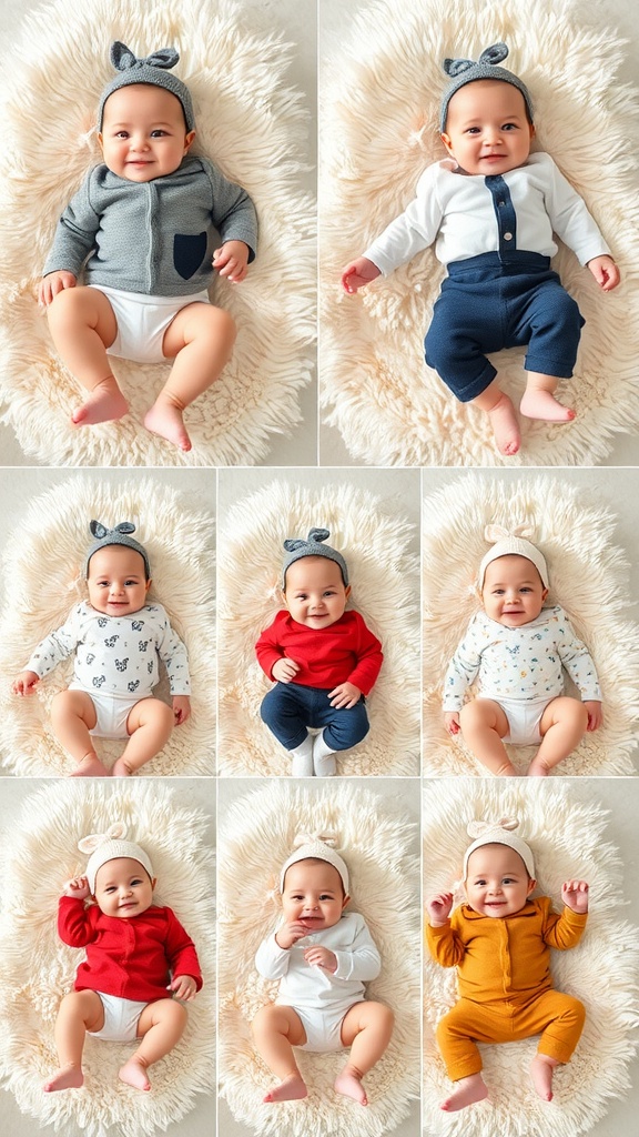 A collage of a baby wearing various cute outfits, showcasing different styles and colors.