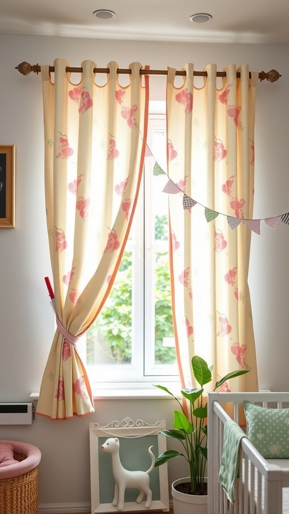 Pink and green nursery curtains with butterfly patterns