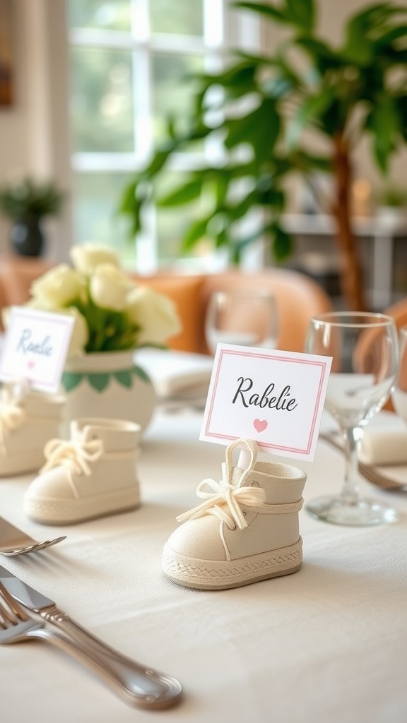 Baby shower table with adorable shoe-shaped place card holders and floral arrangements