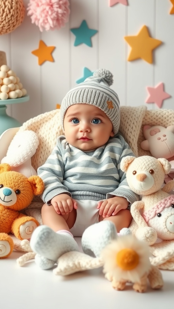 A 5-month-old baby sitting among colorful stuffed animals and cute accessories.