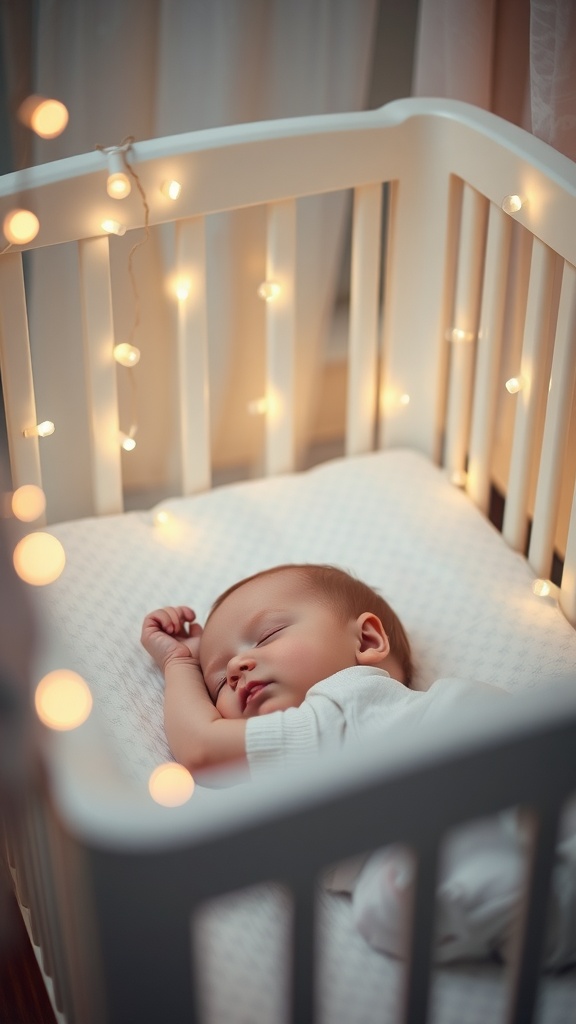 A sleeping baby in a crib surrounded by soft glowing fairy lights