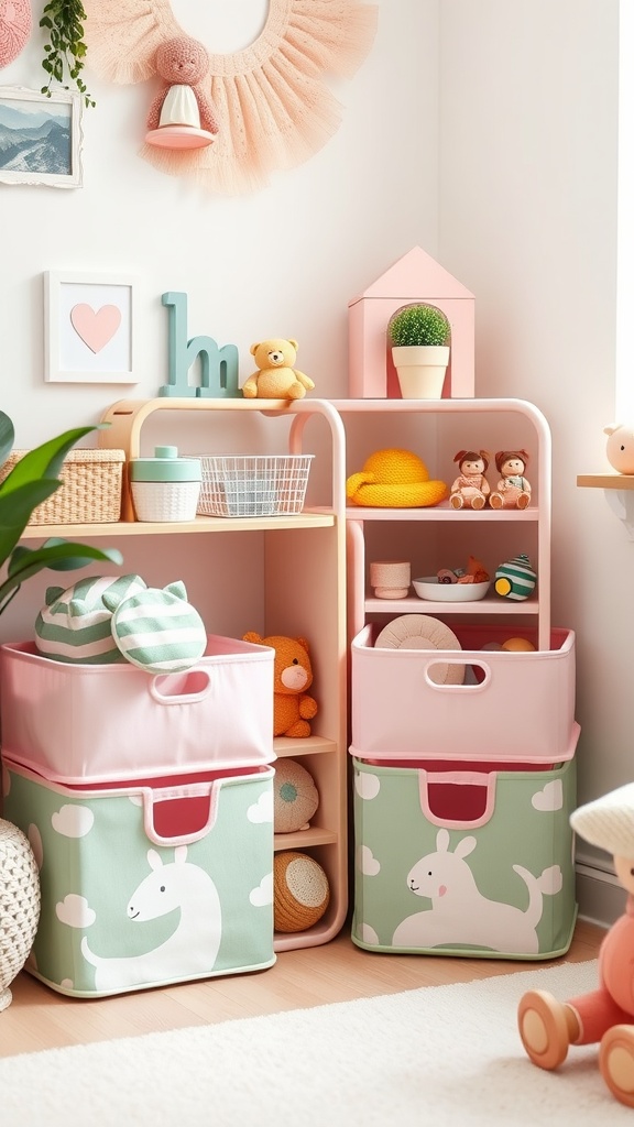 A colorful nursery corner featuring themed toy storage with pink and green bins, plush toys, and decorative shelves.
