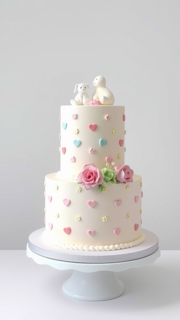 A beautiful two-tier cake decorated with pastel hearts, flowers, and cute animal figurines for a twin baby shower.
