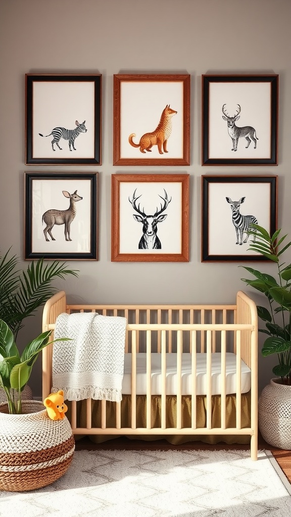 A vintage nursery wall art display featuring animal illustrations in wooden frames above a crib.