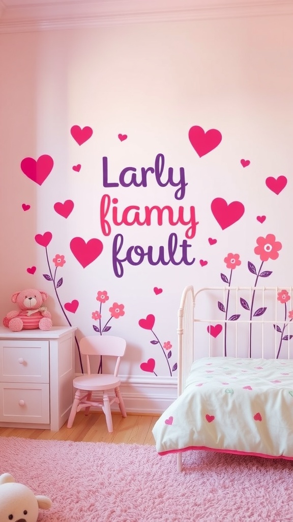 A girly room featuring wall decals with hearts and flowers, showcasing a playful phrase.