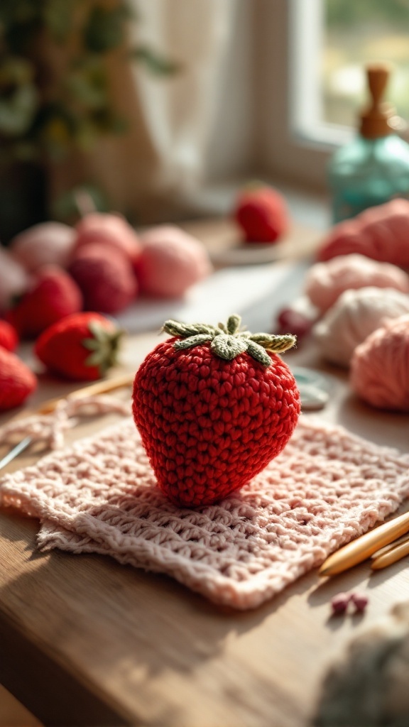 A realistic crochet strawberry placed on a pink crocheted square, surrounded by other yarn and crochet materials.