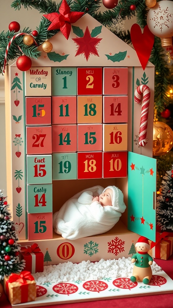 A baby wrapped in a white blanket inside an advent calendar, surrounded by festive decorations, showcasing a unique baby announcement idea.
