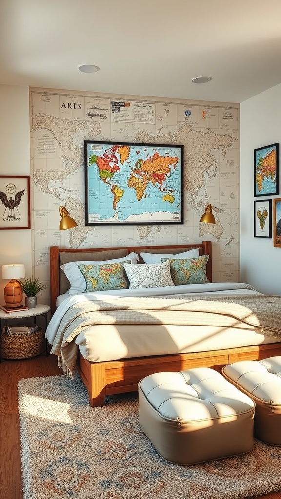A cozy bedroom featuring a world map on the wall, warm wooden furniture, and soft bedding, creating an inviting atmosphere.
