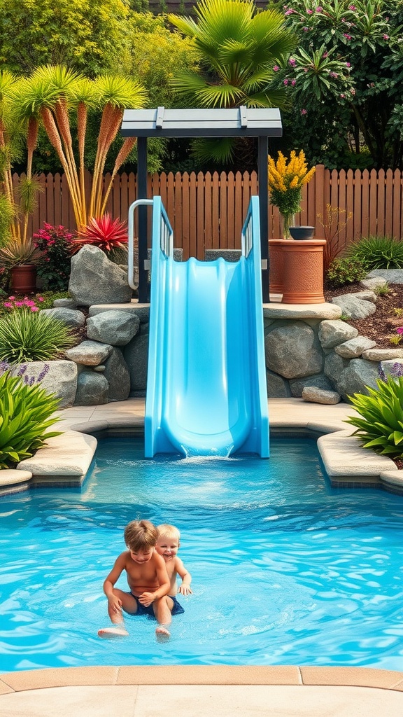 A backyard pool featuring a blue water slide with two children playing in the water below, surrounded by tropical plants.