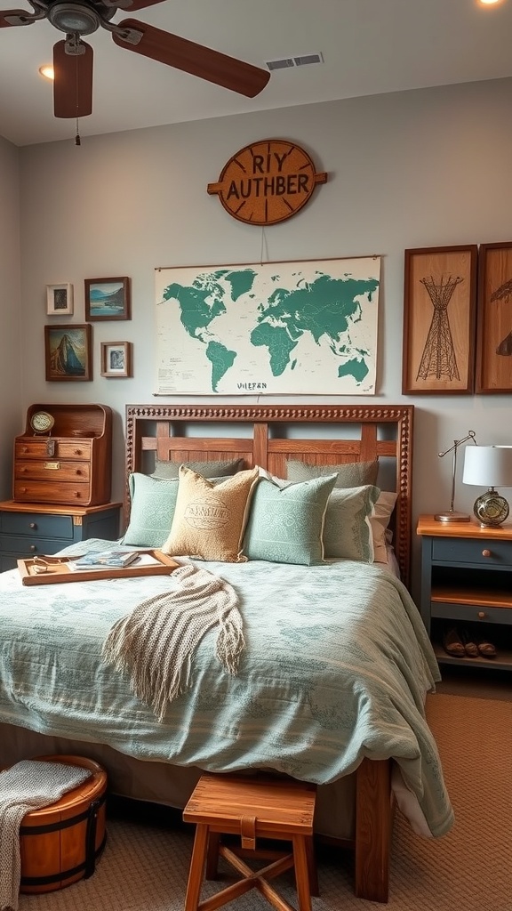 A cozy jungle-themed bedroom with a wooden bed, soft blankets, and adventure-themed accessories.