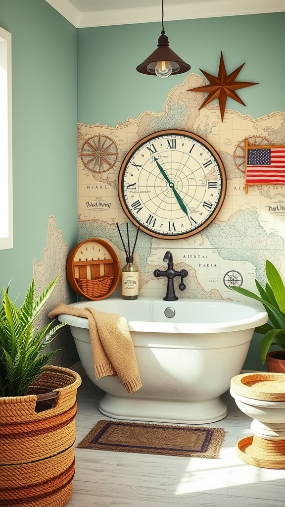 A colorful adventure-themed kids bathroom with a vintage map, nautical decor, and plants.