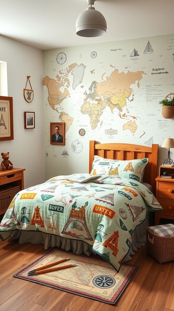 A children's bedroom with adventure-themed bedding featuring landmarks and a world map on the wall.