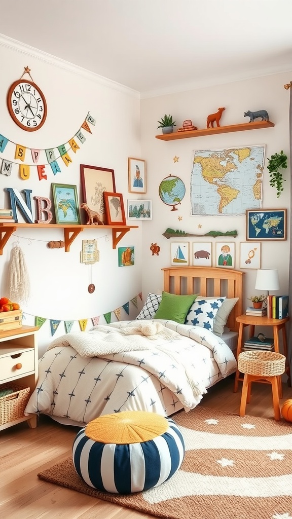 Adventure-themed toddler bedroom with colorful wall decor, a cozy bed, and playful accents.