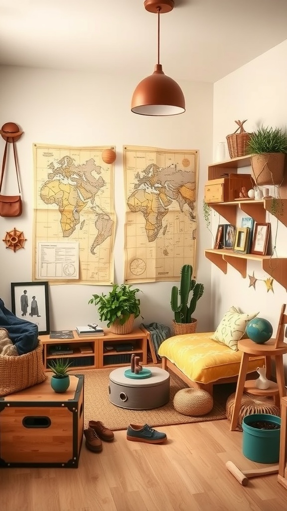A cozy adventure-themed toddler playroom with maps on the wall, a soft yellow cushion, and decorative plants.