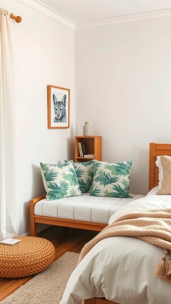 A cozy reading nook with leafy green pillows, light wood furniture, and a small bookshelf in a jungle-themed bedroom.