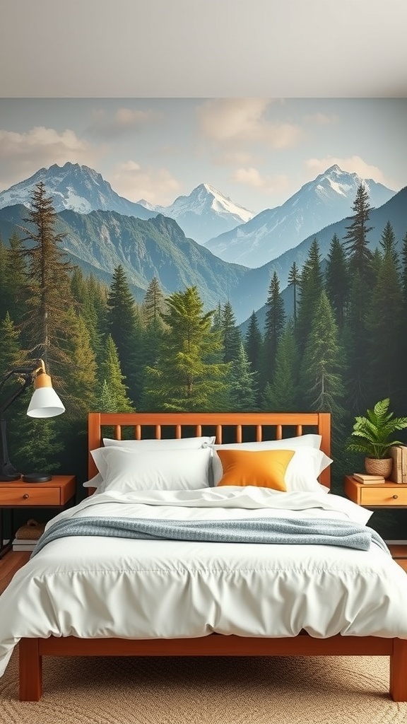 A bedroom with a mountain mural, wooden bed, and nature-themed decor.