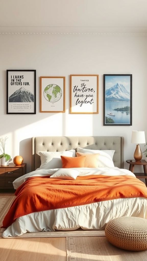 A cozy bedroom with an orange blanket on the bed and travel-themed wall art including a mountain graphic, a world map, a quote, and a landscape painting.