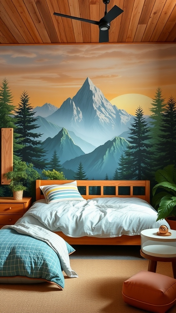 A cozy kid's bedroom featuring a mountain-themed wall mural, wooden furniture, and colorful bedding.