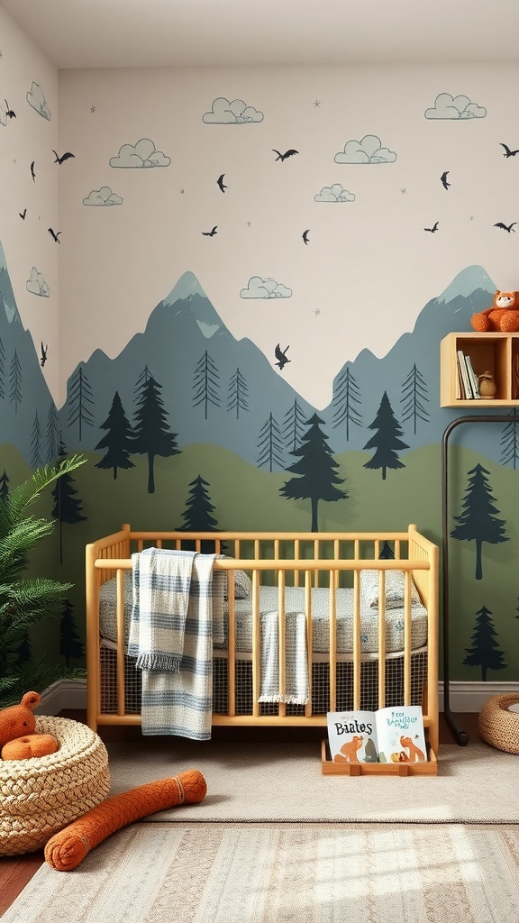 A nursery designed with an adventure theme featuring mountains, trees, and a cozy wooden crib.