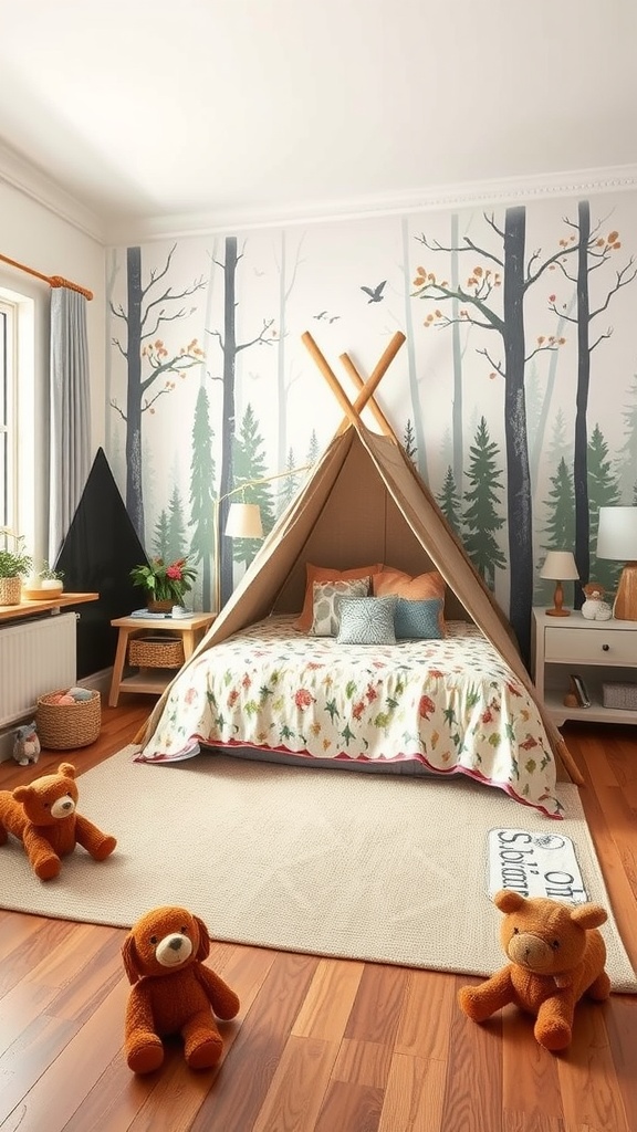 A cozy boys bedroom featuring a teepee, nature-themed wall mural, and plush teddy bears.