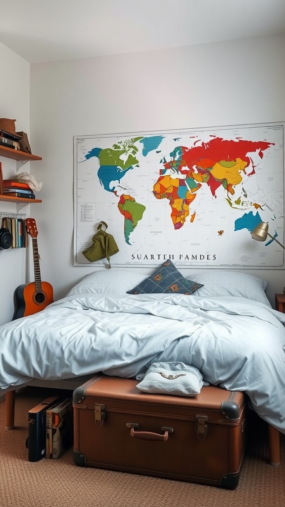 A teenage boy's bedroom featuring a world map, guitar, and vintage suitcase.