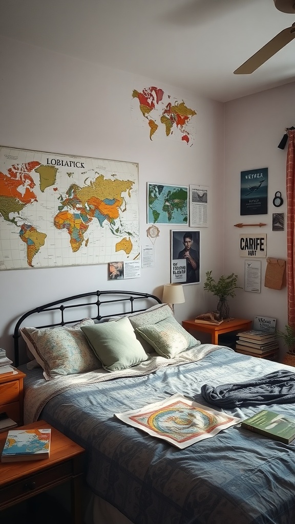 A cozy bedroom featuring a large world map, soft bedding, and travel-themed decor.