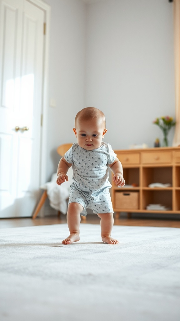 A baby taking their first steps on a light-colored rug in a bright room.