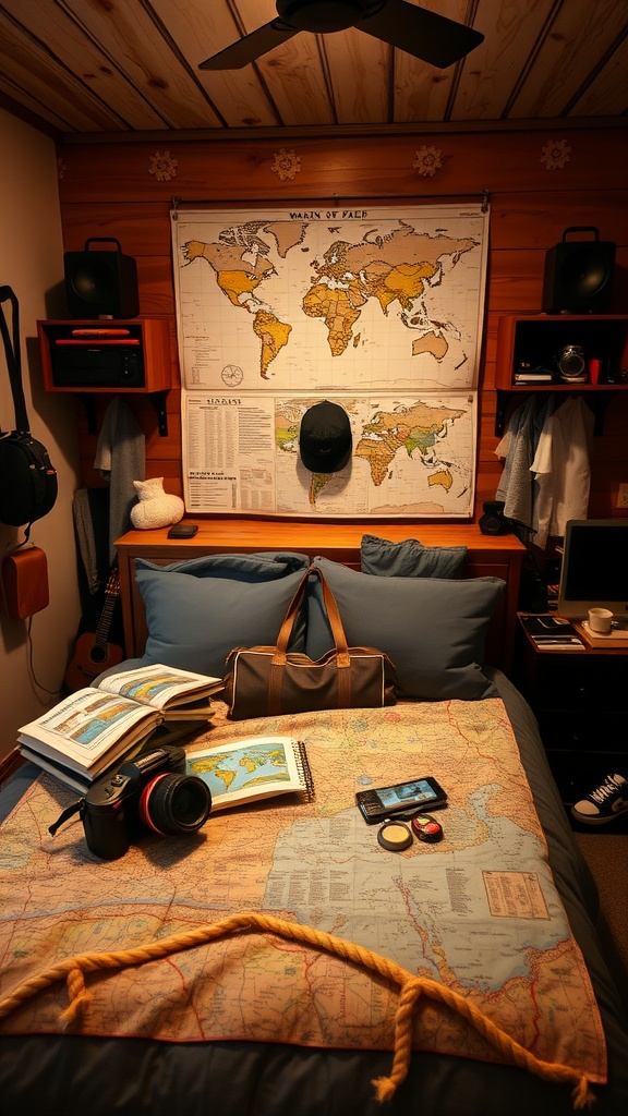 A cozy bedroom adorned with travel-themed accents, featuring a world map, travel books, a camera, and a duffel bag.