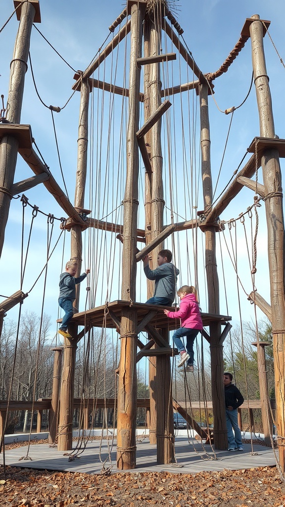 Children climbing an adventure structure made of wood with ropes
