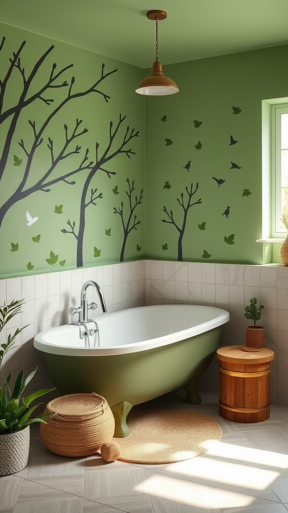 A bathroom designed like a forest hideaway with green walls, tree and leaf designs, a vintage-style bathtub, and natural decor.