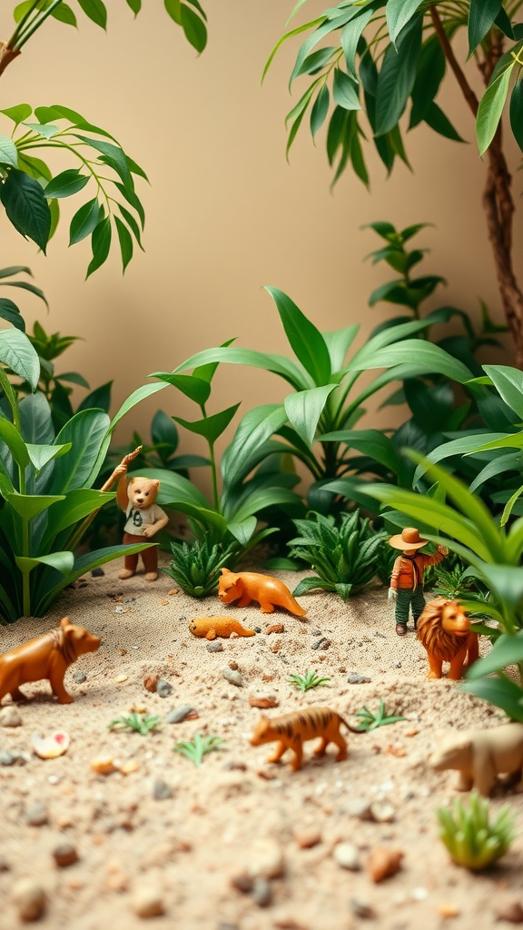 A playful jungle safari scene with toy animals and figures among lush greenery.