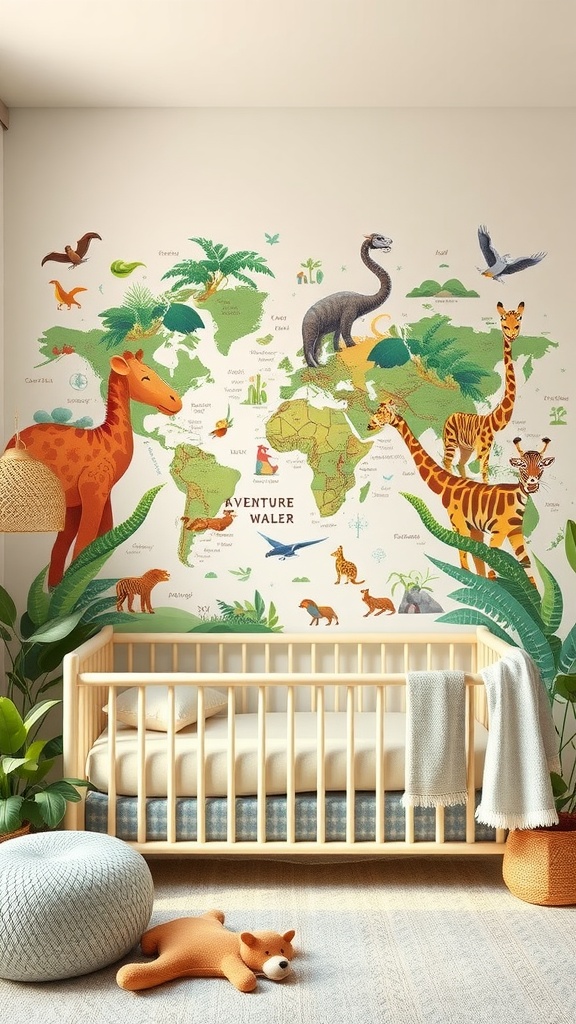 A nursery featuring a vibrant adventure map mural with animals, a wooden crib, and cozy decor.