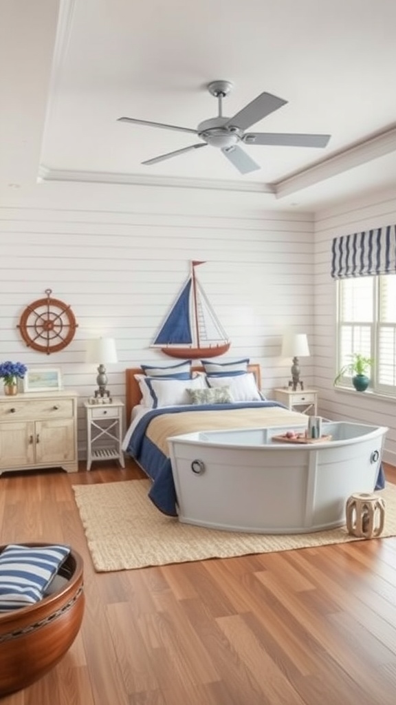 Cozy nautical-themed preschooler bedroom featuring a boat-shaped bed, wall decor, and warm wooden flooring.