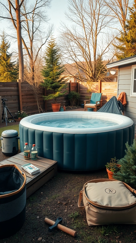 A cozy inflatable hot tub set up in a backyard, surrounded by trees and comfortable seating.