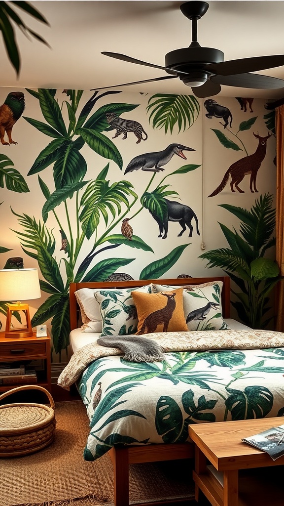 A kids' bedroom with jungle-themed decor featuring animals and lush plants.