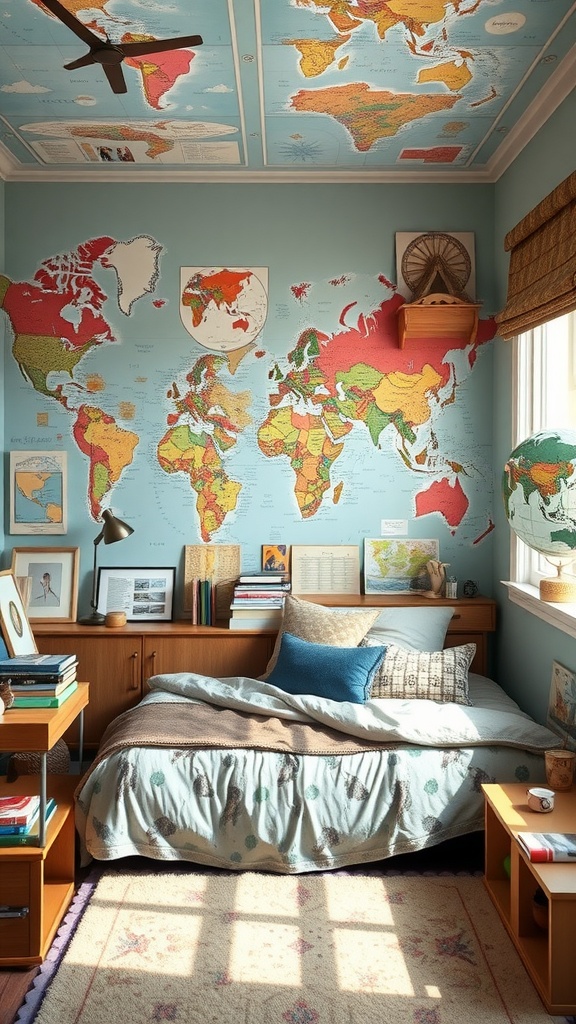 A teen bedroom with world maps on the walls and ceiling, featuring a cozy bed and travel-themed decor.