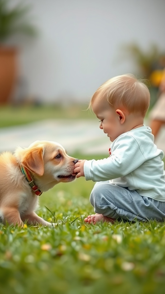 A baby and a puppy having a gentle interaction outdoors.