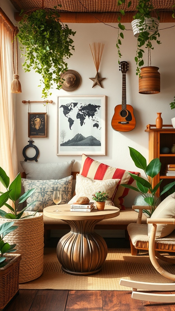 Cozy indoor space decorated with plants, guitar, and comfortable seating, ideal for a baby shower.