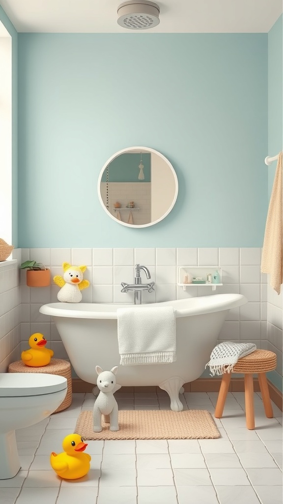 A colorful kids bathroom featuring playful accessories like rubber ducks and a stuffed animal.