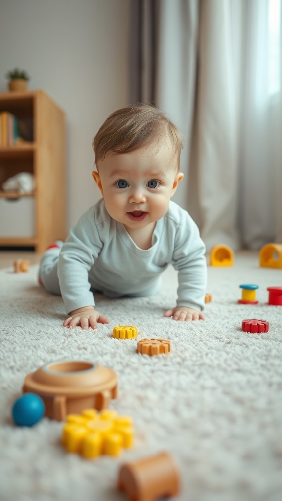 An 11-month-old baby crawling on a soft rug, surrounded by colorful toys and smiling.