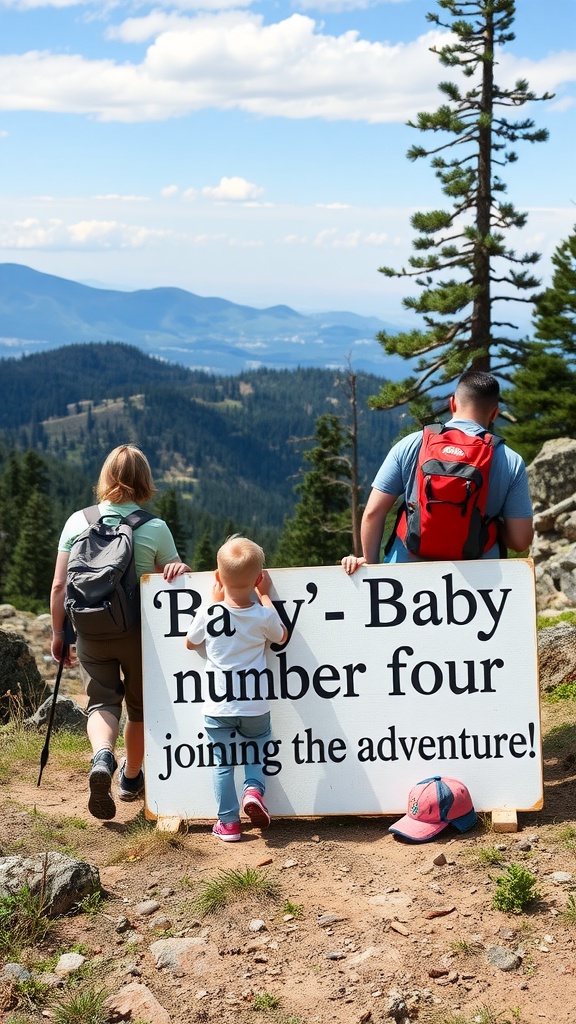 A family announcing a new baby while enjoying an outdoor adventure in the mountains.