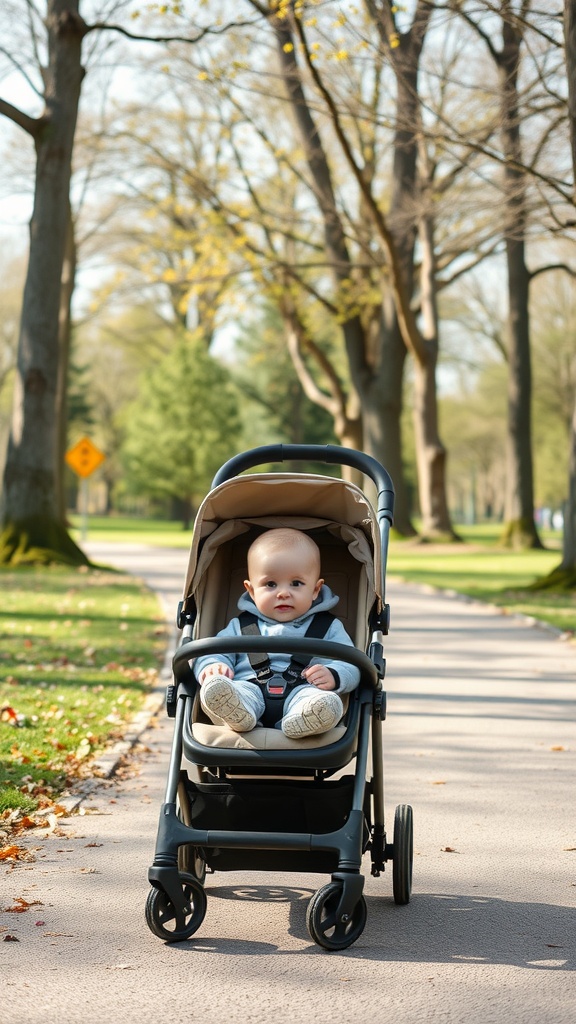A baby sitting in a stroller on a park pathway surrounded by trees