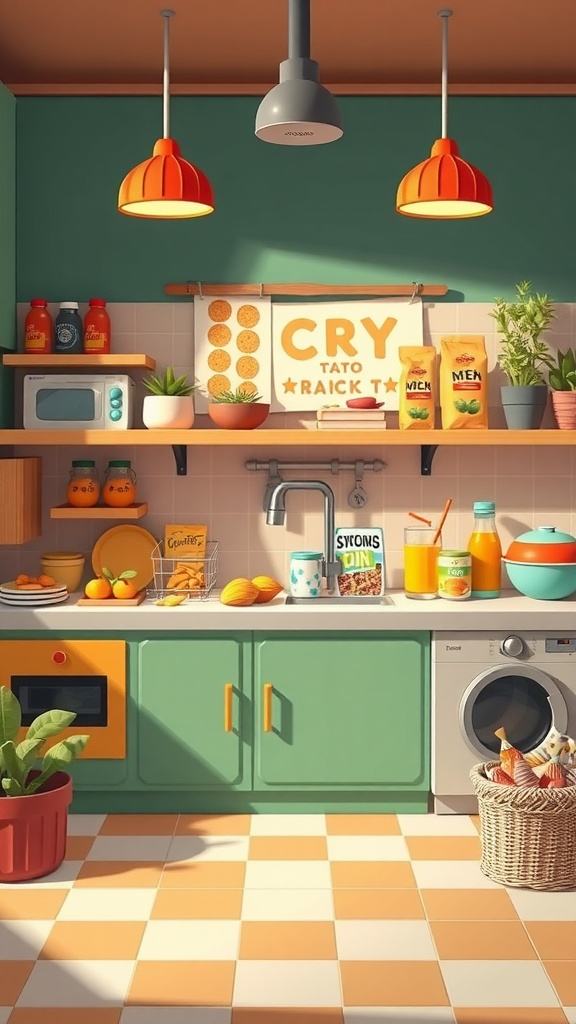 A bright kitchen with a colorful design featuring fruits, snacks, and plants.