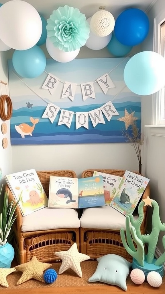 A cozy ocean-themed setup for a baby shower, featuring books, decorations, and plush sea creatures.