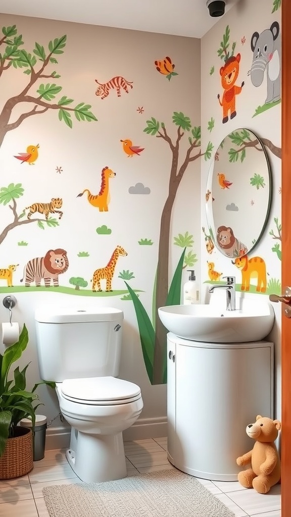 A colorful toddler bathroom with animal-themed wall decals, featuring lions, tigers, and giraffes among trees.