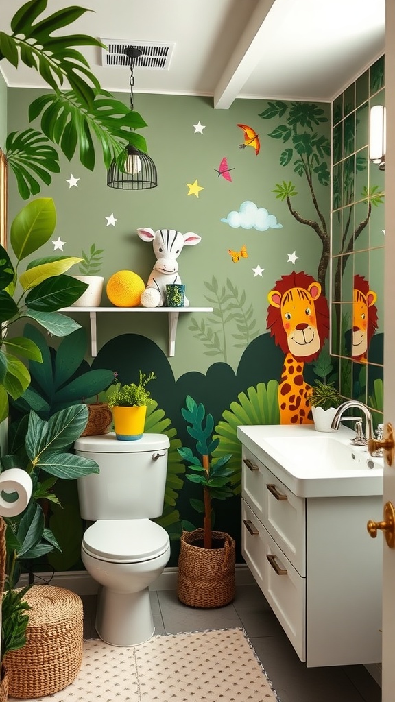 A colorful kids' bathroom decorated with jungle-themed wall decals, featuring a lion, zebra, and tropical plants.