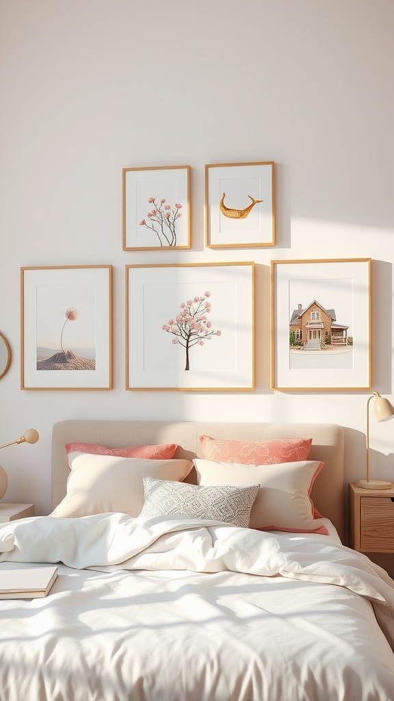 A soft girl bedroom aesthetic featuring a collection of framed wall art above a cozy bed.