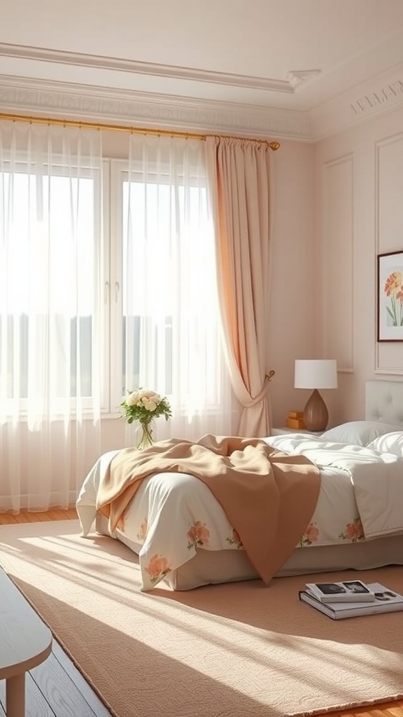 A bright bedroom with sheer peach curtains, soft bedding, and a warm color palette.