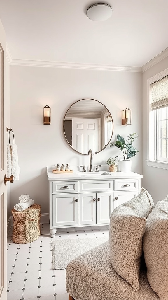 A modern bathroom featuring a stylish white vanity, round mirror, and decorative elements.