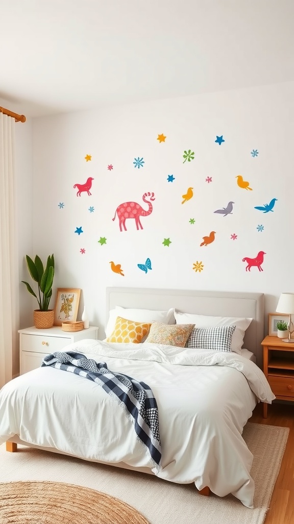 Colorful wall decals featuring birds, flowers, and a pink deer in a bright bedroom.
